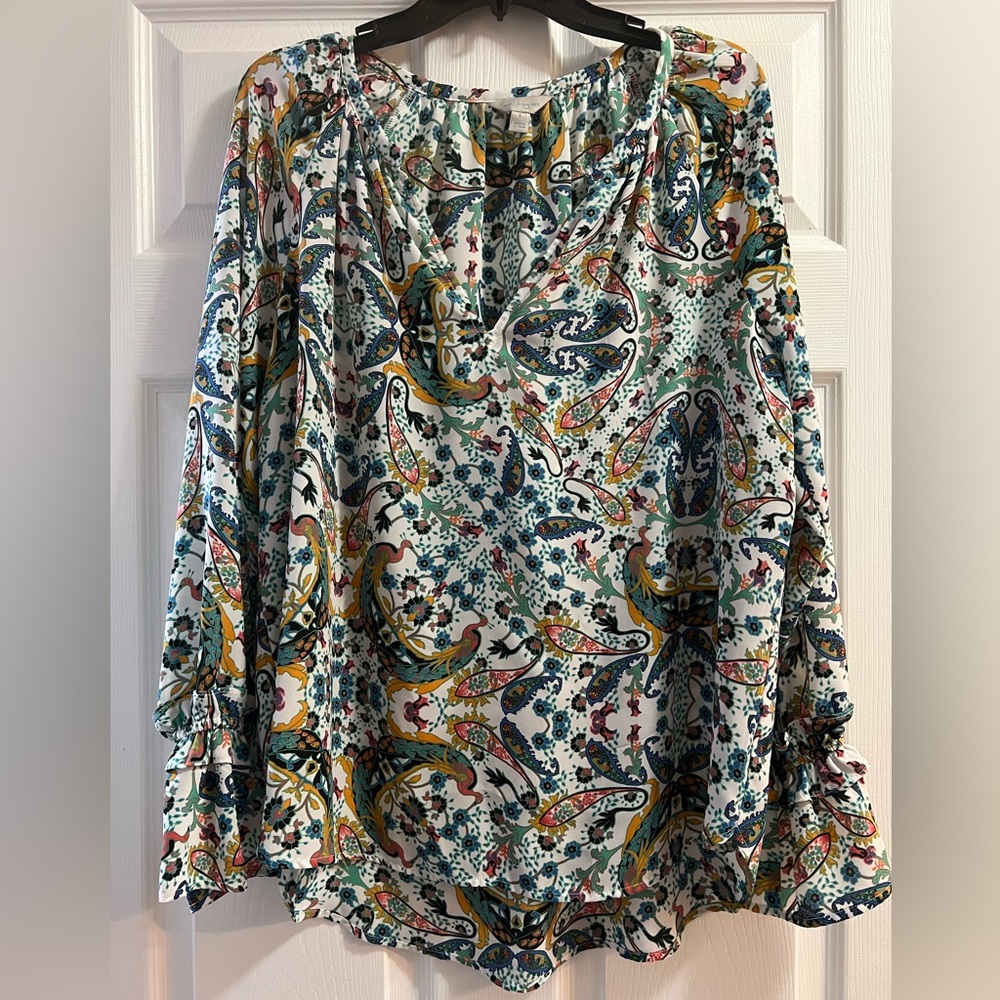 Large Belle Sky blouse V neck with White Background and Colorful Peacock Pattern